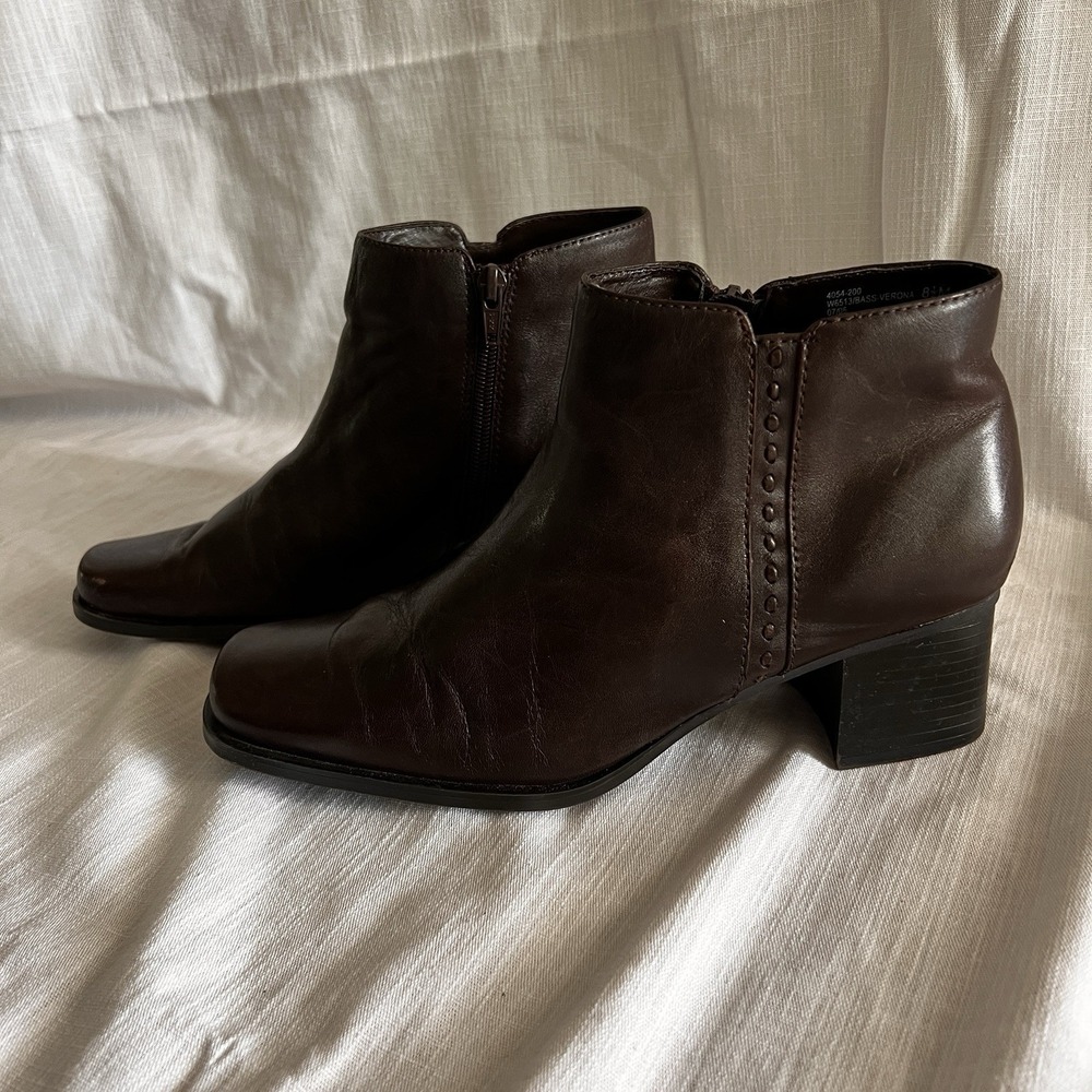Vintage Verona Brown Leather Ankle Booties Square Toe Stacked Heel Size 8.5 M‎